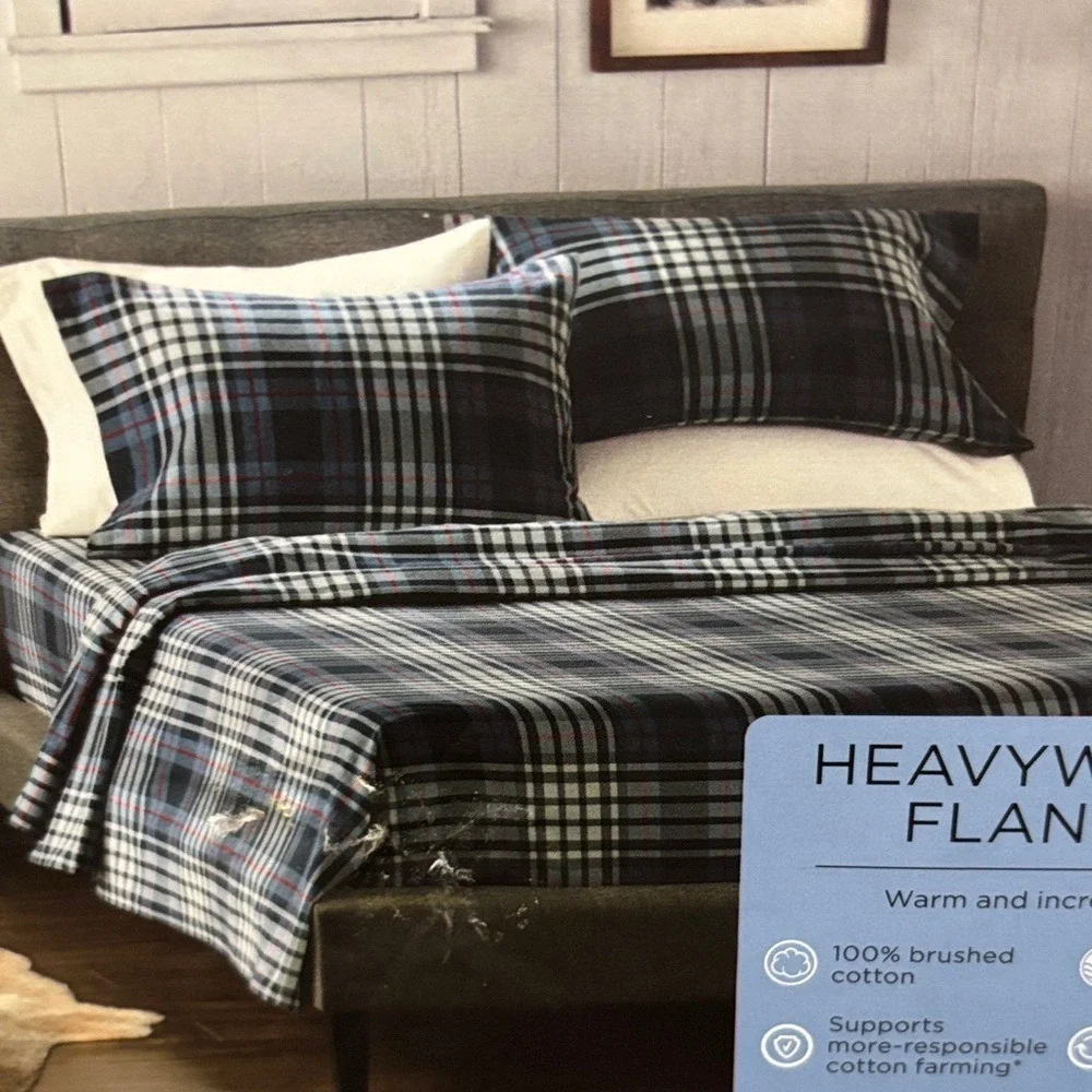 Cuddl Duds Blue and Red Plaid Flannel King Sheet Set Winter Fall GIFT NWT